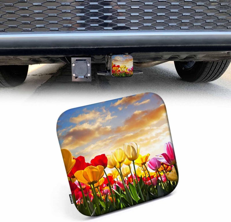 Beabes Tulip Hitch Cover Blossom Tulips Floral Field Sunset Rubber Trailer Hitch Cover Receiver Tube Covers Plug Cap Fits 2 Inch Receivers for Pickups Trucks SUVs Cars - Image 1
